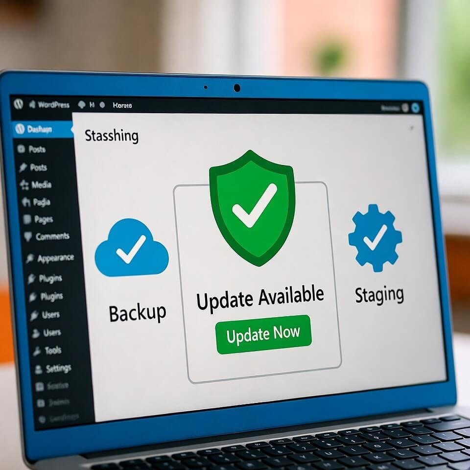 WordPress dashboard showing how to safely update plugins with backup, staging and testing process icons
